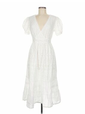 White Eyelet Wrap-Style Midi Dress with Puff Sleeves